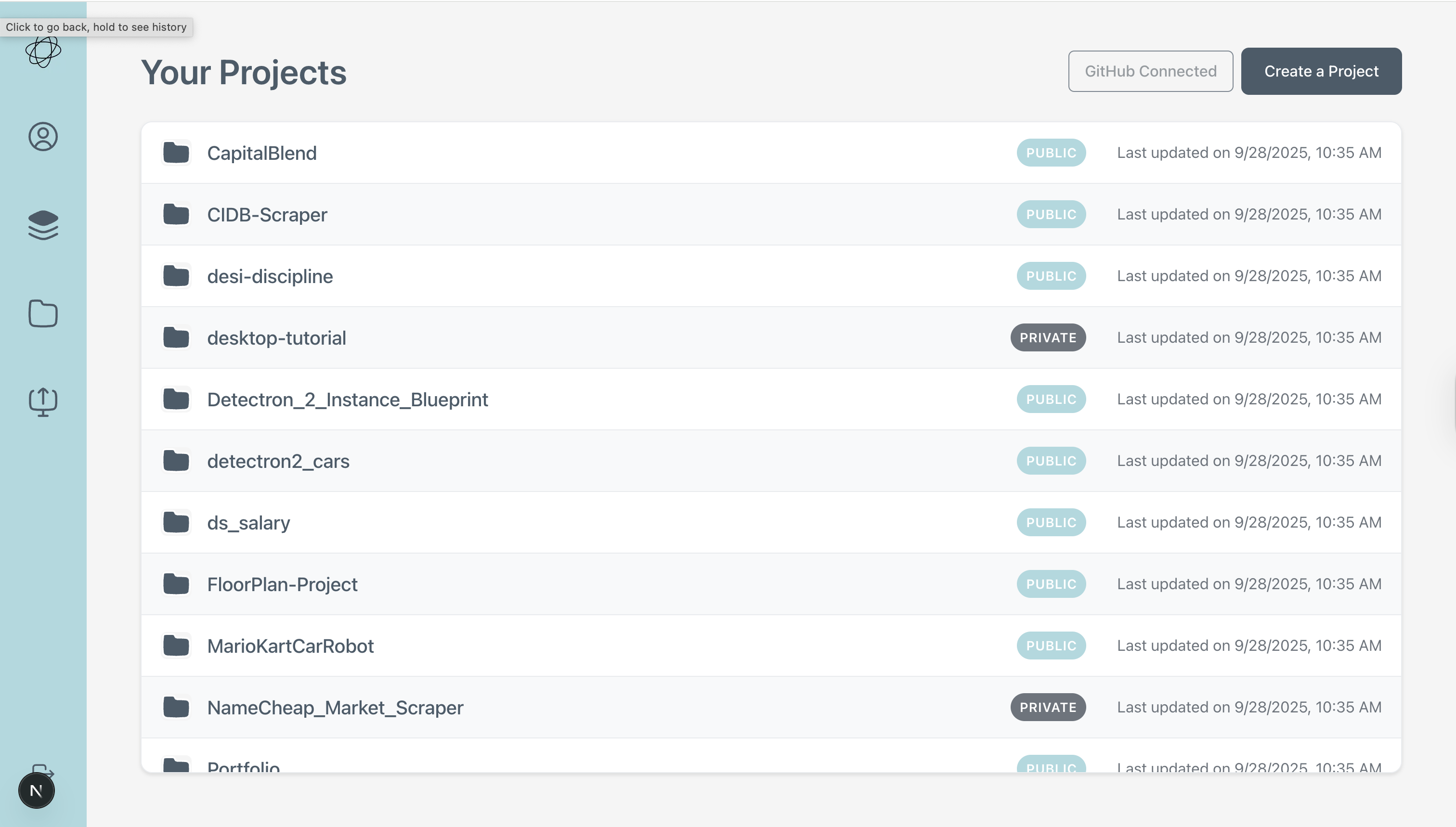 Projects list with GitHub connection and visibility badges