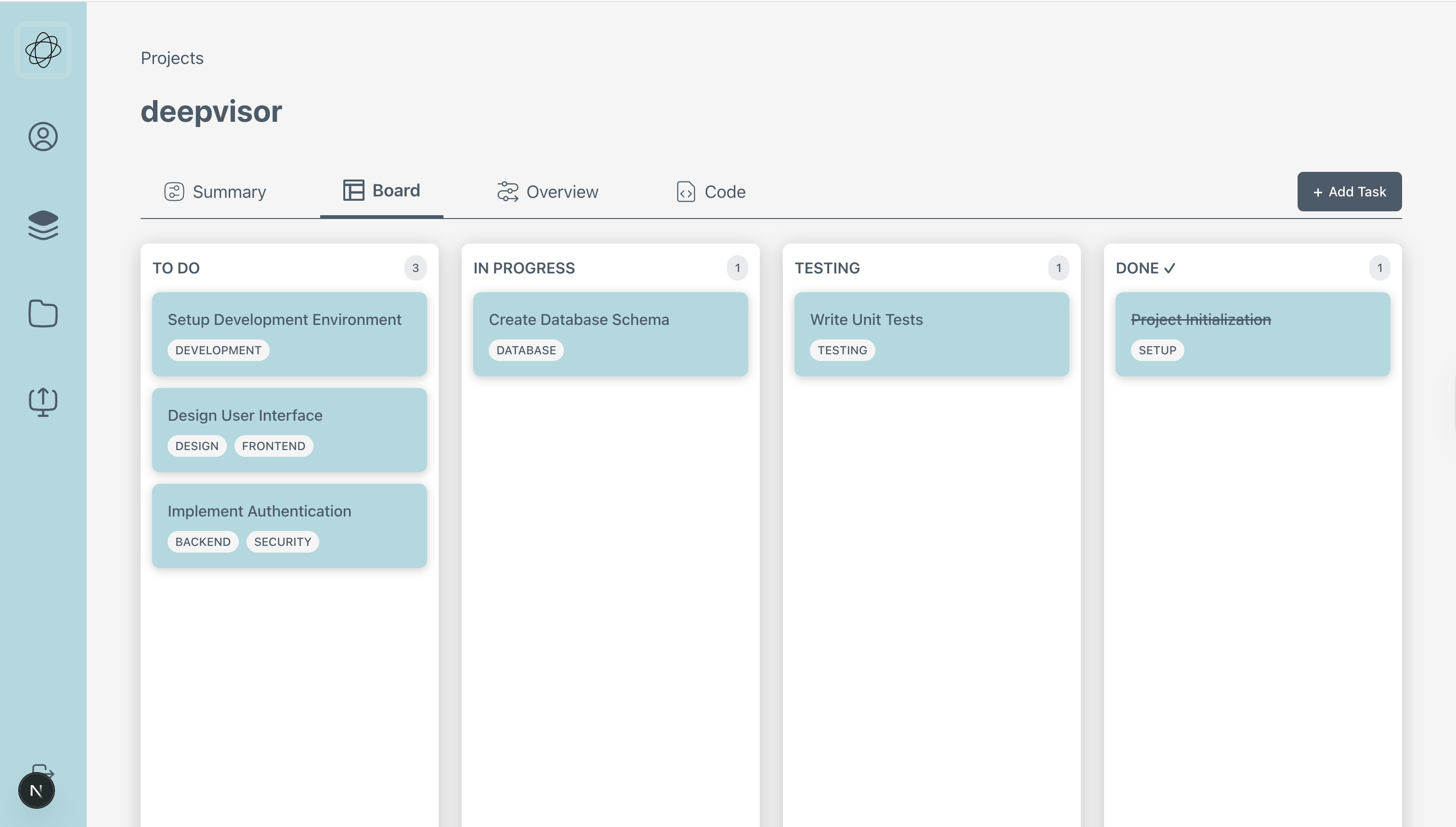 Kanban board with To Do, In Progress, Testing, and Done columns