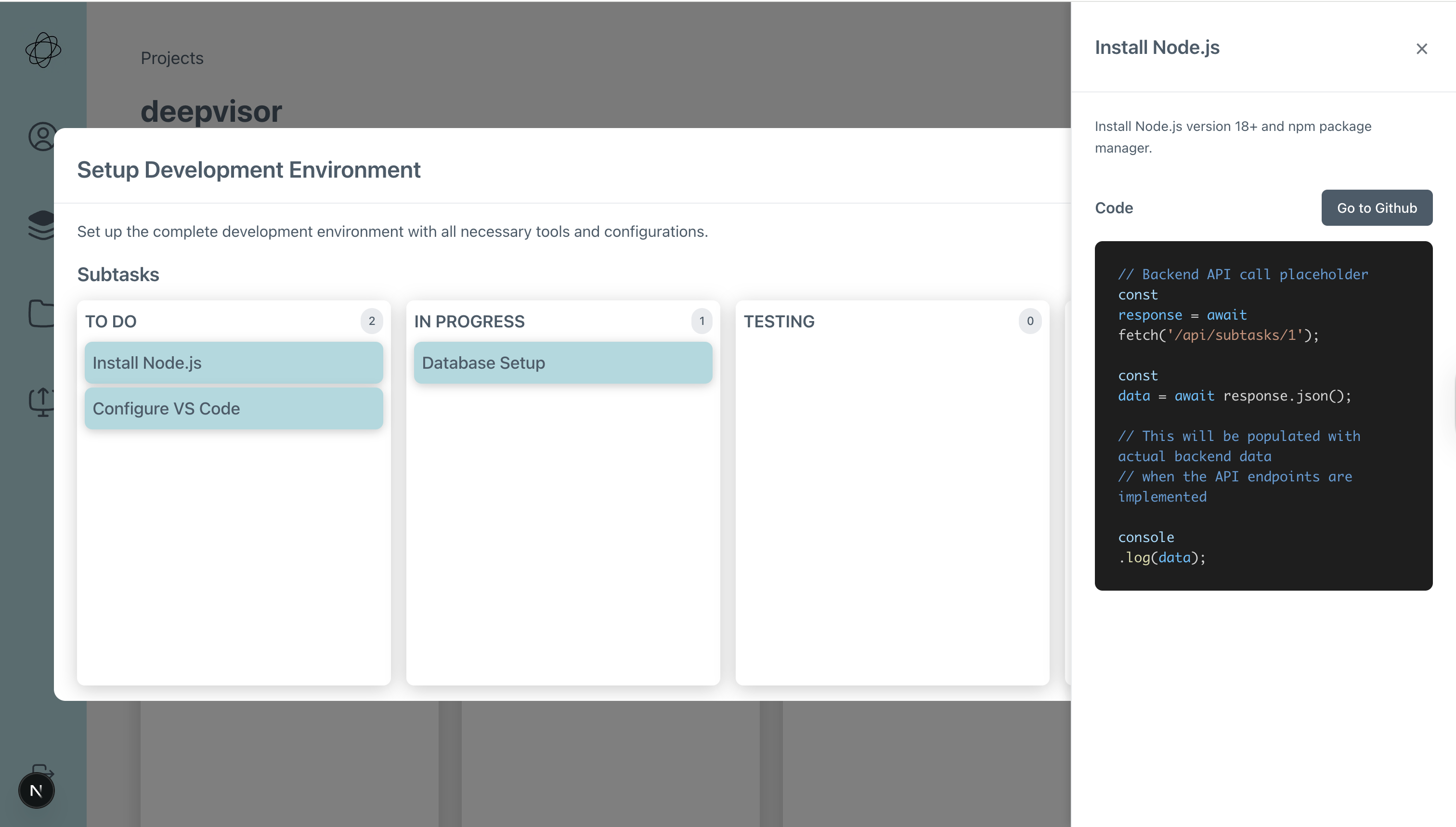 Task details drawer with nested subtasks and code panel