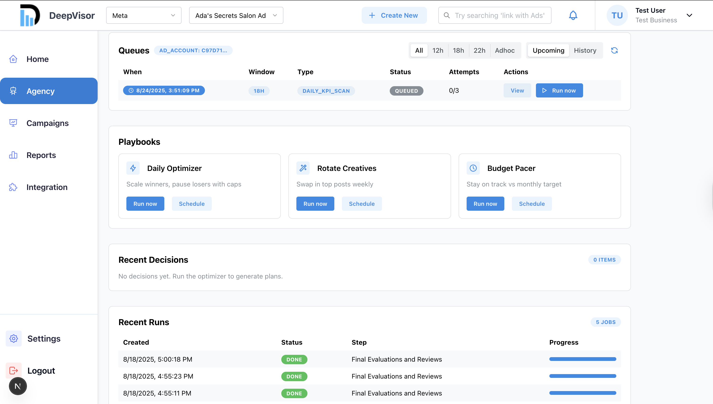 Agency operations dashboard with daily optimizer runs and job history