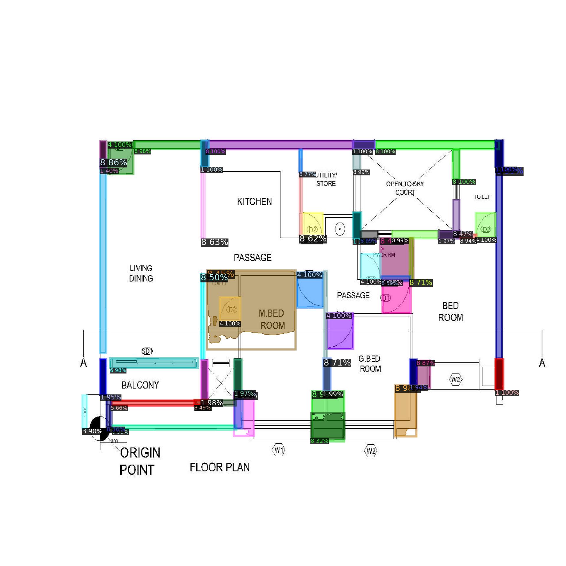 Apartment-style floor plan with balcony and origin point markers