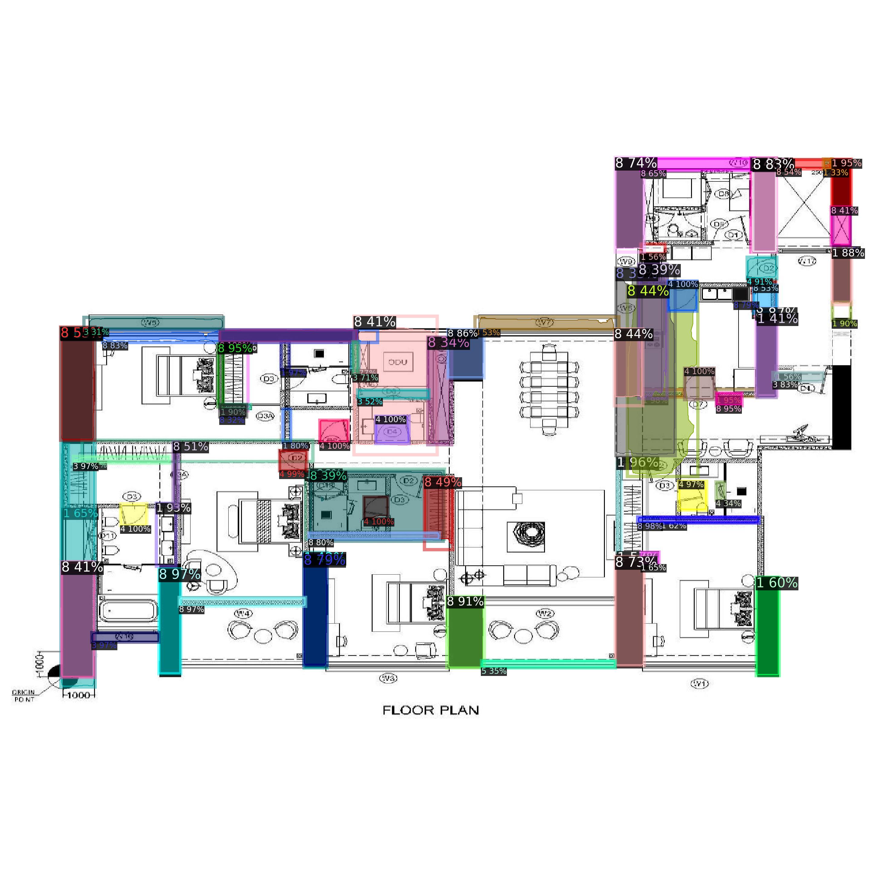 Annotated floor plan with dense detections across multiple rooms